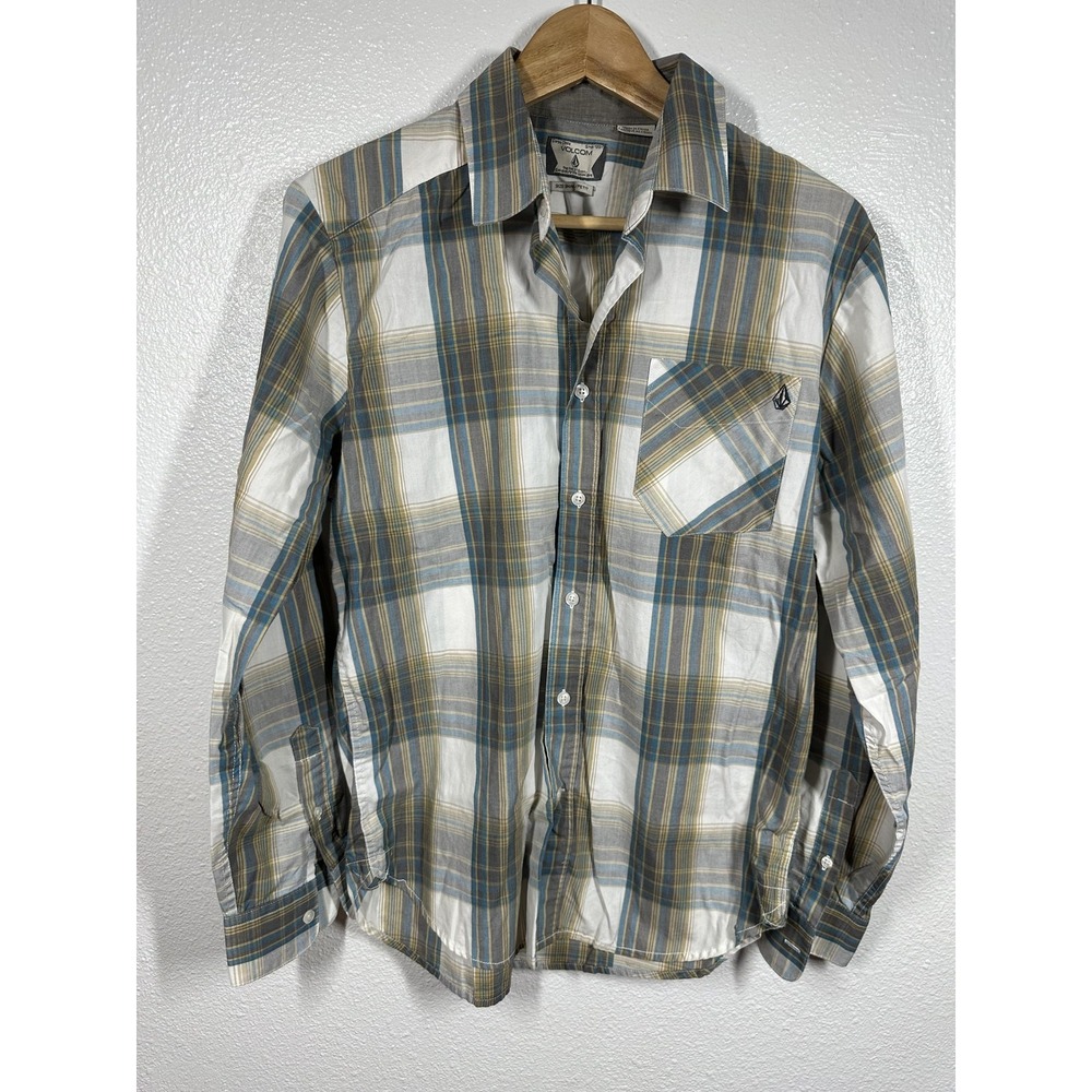Volcom Shirt Mens Small Blue Gray Tan Plaid Button Down Long Sleeve Pocket Logo